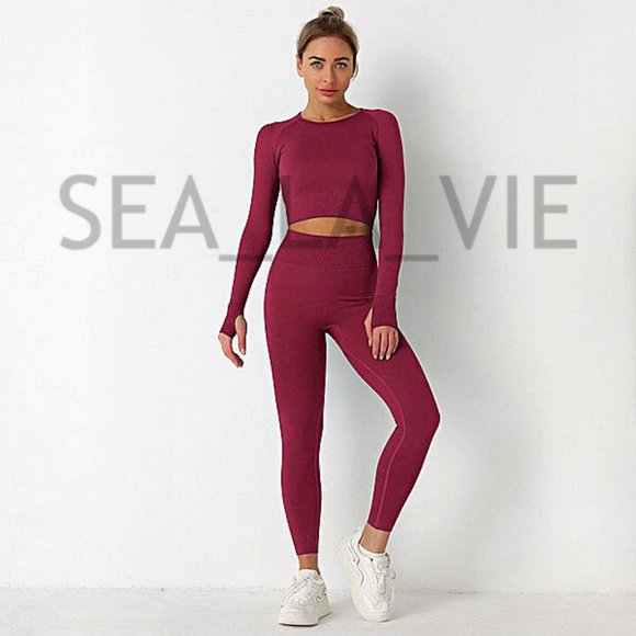 Sea La Vie Pants - Seamless Long Sleeve Crop Top & High-Rise Legging Set in Claret